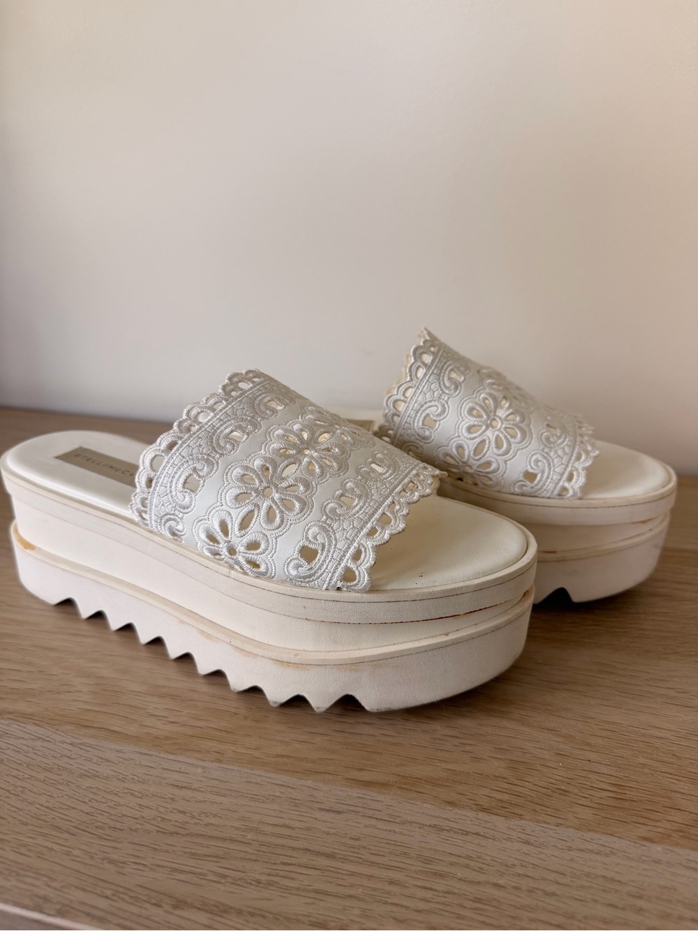 Stella McCartney Cream Lace Embroidered Platform Slides